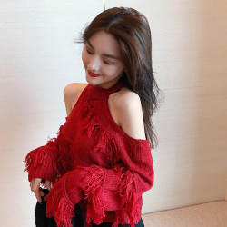 純欲辣妹掛脖流蘇上衣女秋冬韓版顯瘦心機性感露肩毛衣短款針織衫