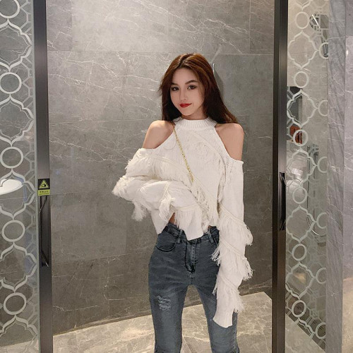 純欲辣妹掛脖流蘇上衣女秋冬韓版顯瘦心機性感露肩毛衣短款針織衫