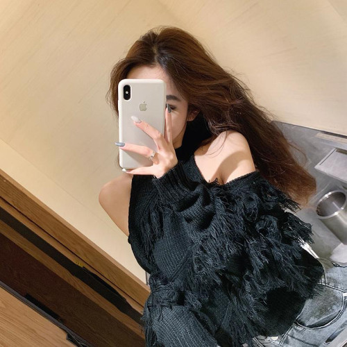 純欲辣妹掛脖流蘇上衣女秋冬韓版顯瘦心機性感露肩毛衣短款針織衫