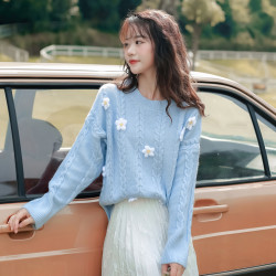 小清新立體花朵麻花套頭毛衣女秋季新款小個子百搭寬松針織衫外穿
