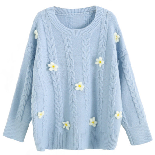 小清新立體花朵麻花套頭毛衣女秋季新款小個子百搭寬松針織衫外穿 小清新立體花朵麻花套頭毛衣女秋季新款小個子百搭寬松針織衫外穿