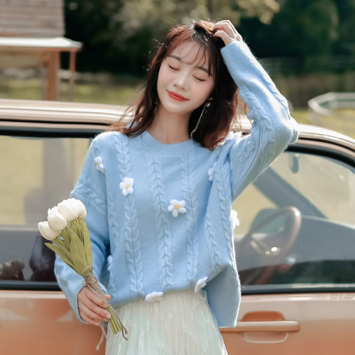 小清新立體花朵麻花套頭毛衣女秋季新款小個子百搭寬松針織衫外穿 小清新立體花朵麻花套頭毛衣女秋季新款小個子百搭寬松針織衫外穿