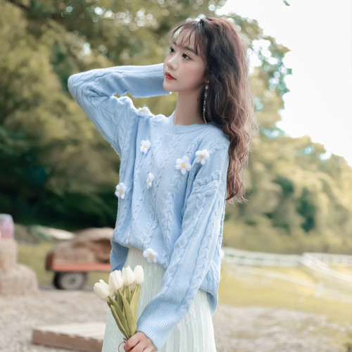 小清新立體花朵麻花套頭毛衣女秋季新款小個子百搭寬松針織衫外穿 小清新立體花朵麻花套頭毛衣女秋季新款小個子百搭寬松針織衫外穿