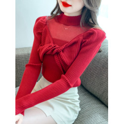 2024年新款秋冬半高領長袖網紗針織衫女氣質扭結毛衣打底衫上衣潮