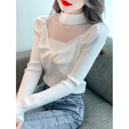 2024年新款秋冬半高領長袖網紗針織衫女氣質扭結毛衣打底衫上衣潮