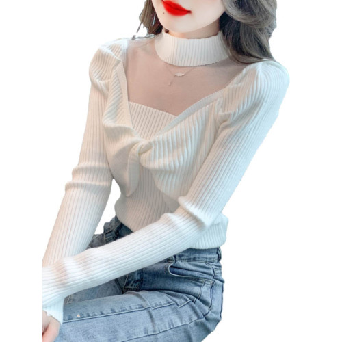 2024年新款秋冬半高領長袖網紗針織衫女氣質扭結毛衣打底衫上衣潮