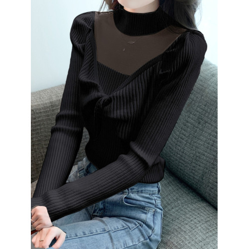 2024年新款秋冬半高領長袖網紗針織衫女氣質扭結毛衣打底衫上衣潮