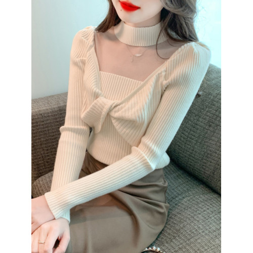 2024年新款秋冬半高領長袖網紗針織衫女氣質扭結毛衣打底衫上衣潮