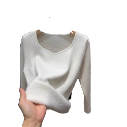 低領打底衫女秋冬季新款加絨保暖衣加厚一體絨皮草內搭方領上衣服