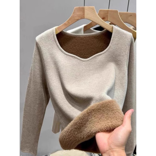 低領打底衫女秋冬季新款加絨保暖衣加厚一體絨皮草內搭方領上衣服