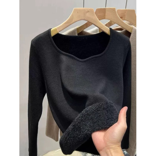 低領打底衫女秋冬季新款加絨保暖衣加厚一體絨皮草內搭方領上衣服