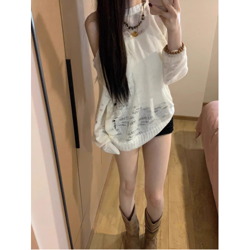 美式辣妹白色長袖掛脖鏤空針織罩衫女2025春夏季寬松百搭防曬上衣 美式辣妹白色長袖掛脖鏤空針織罩衫女2025春夏季寬松百搭防曬上衣