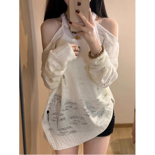 美式辣妹白色長袖掛脖鏤空針織罩衫女2025春夏季寬松百搭防曬上衣 美式辣妹白色長袖掛脖鏤空針織罩衫女2025春夏季寬松百搭防曬上衣