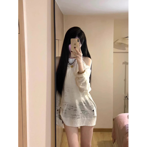 美式辣妹白色長袖掛脖鏤空針織罩衫女2025春夏季寬松百搭防曬上衣 美式辣妹白色長袖掛脖鏤空針織罩衫女2025春夏季寬松百搭防曬上衣