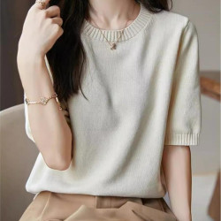 氣質簡約灰色純棉短袖t恤女加厚秋上衣ins針織打底衫春夏棉線內搭