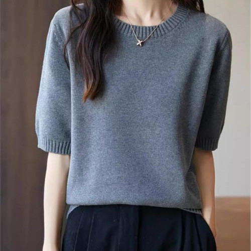 氣質簡約灰色純棉短袖t恤女加厚秋上衣ins針織打底衫春夏棉線內搭 氣質簡約灰色純棉短袖t恤女加厚秋上衣ins針織打底衫春夏棉線內搭