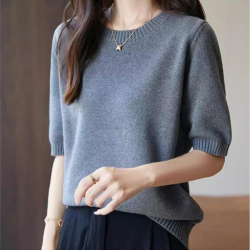 氣質簡約灰色純棉短袖t恤女加厚秋上衣ins針織打底衫春夏棉線內搭 氣質簡約灰色純棉短袖t恤女加厚秋上衣ins針織打底衫春夏棉線內搭