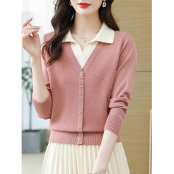 春秋款女裝長袖打底衣時尚洋氣毛衣寬松顯瘦翻領假兩件針織衫上衣