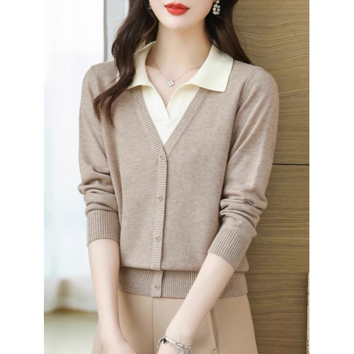 春秋款女裝長袖打底衣時尚洋氣毛衣寬松顯瘦翻領假兩件針織衫上衣 春秋款女裝長袖打底衣時尚洋氣毛衣寬松顯瘦翻領假兩件針織衫上衣