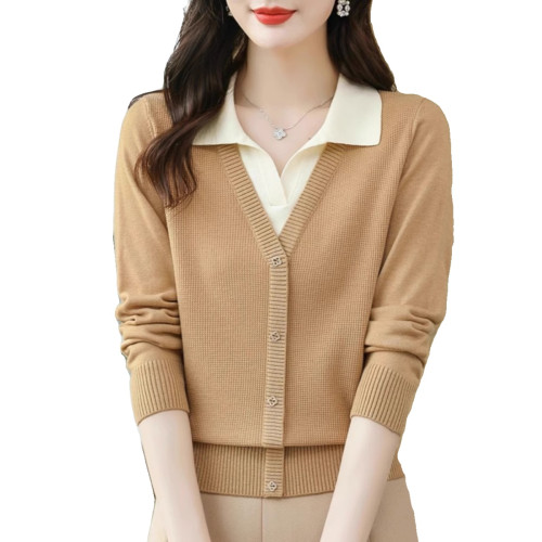 春秋款女裝長袖打底衣時尚洋氣毛衣寬松顯瘦翻領假兩件針織衫上衣 春秋款女裝長袖打底衣時尚洋氣毛衣寬松顯瘦翻領假兩件針織衫上衣