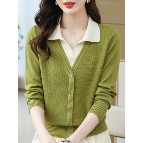 春秋款女裝長袖打底衣時尚洋氣毛衣寬松顯瘦翻領假兩件針織衫上衣 春秋款女裝長袖打底衣時尚洋氣毛衣寬松顯瘦翻領假兩件針織衫上衣