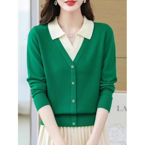 春秋款女裝長袖打底衣時尚洋氣毛衣寬松顯瘦翻領假兩件針織衫上衣 春秋款女裝長袖打底衣時尚洋氣毛衣寬松顯瘦翻領假兩件針織衫上衣