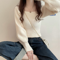 秋冬韓系溫柔慵懶設計感長袖針織衫女寬松顯瘦百搭套頭毛衣打底衫