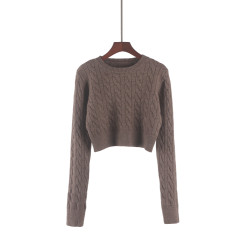 高腰超短款麻花毛衣2025秋季新款復古圓領寬松套頭針織衫長袖上衣