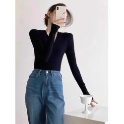 氣質性感V領針織衫長袖T恤春秋修身顯瘦上衣獨特別致內搭打底衫女