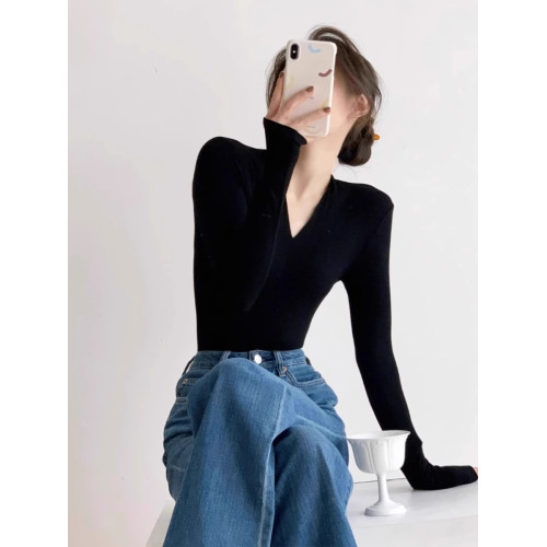 氣質性感V領針織衫長袖T恤春秋修身顯瘦上衣獨特別致內搭打底衫女 氣質性感V領針織衫長袖T恤春秋修身顯瘦上衣獨特別致內搭打底衫女