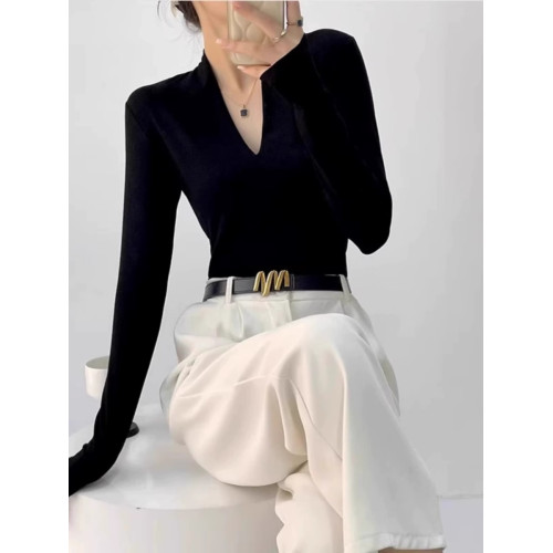 氣質性感V領針織衫長袖T恤春秋修身顯瘦上衣獨特別致內搭打底衫女 氣質性感V領針織衫長袖T恤春秋修身顯瘦上衣獨特別致內搭打底衫女