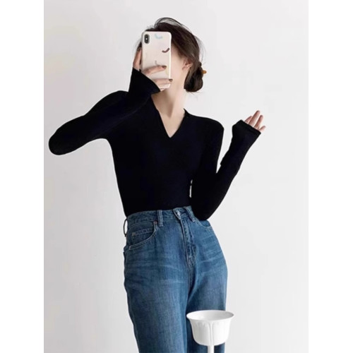 氣質性感V領針織衫長袖T恤春秋修身顯瘦上衣獨特別致內搭打底衫女 氣質性感V領針織衫長袖T恤春秋修身顯瘦上衣獨特別致內搭打底衫女