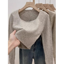 方領短款軟糯小個子針織衫女秋冬羊絨加厚長袖毛衣內搭打底衫上衣