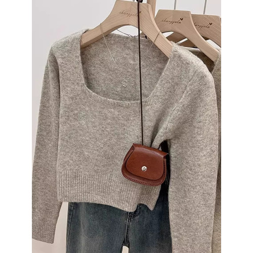 方領短款軟糯小個子針織衫女秋冬羊絨加厚長袖毛衣內搭打底衫上衣