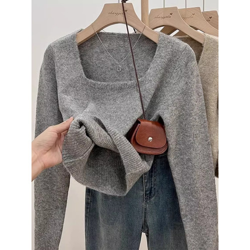 方領短款軟糯小個子針織衫女秋冬羊絨加厚長袖毛衣內搭打底衫上衣