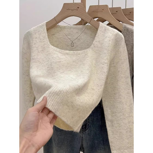 方領短款軟糯小個子針織衫女秋冬羊絨加厚長袖毛衣內搭打底衫上衣