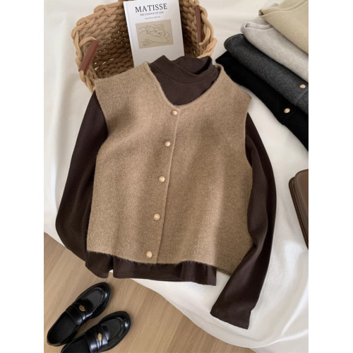 法式復古小金釦圓領針織馬甲女寬松韓系百搭溫柔顯瘦秋冬曡穿毛衣