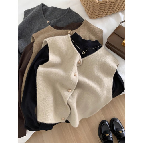 法式復古小金釦圓領針織馬甲女寬松韓系百搭溫柔顯瘦秋冬曡穿毛衣