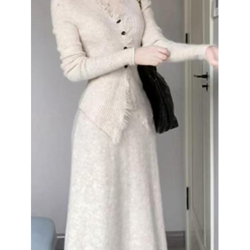 兩件套設計感v領流蘇單排釦修身針織開衫半身長裙套裝氣質女秋冬 兩件套設計感v領流蘇單排釦修身針織開衫半身長裙套裝氣質女秋冬