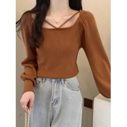 秋冬韓版高級感方領內搭燈籠袖上衣洋氣別致針織打底衫女辣妹毛衣