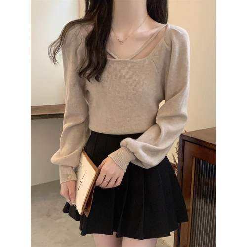 秋冬韓版高級感方領內搭燈籠袖上衣洋氣別致針織打底衫女辣妹毛衣 秋冬韓版高級感方領內搭燈籠袖上衣洋氣別致針織打底衫女辣妹毛衣