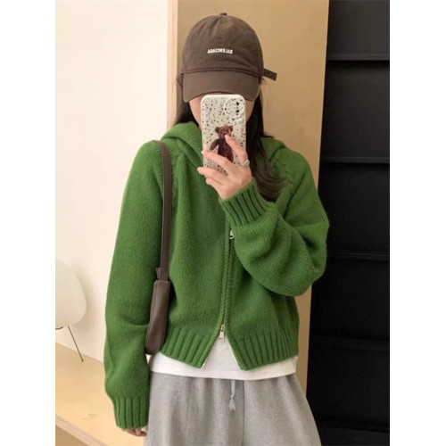 連帽針織開衫女秋冬裝韓系慵懶風寬松加厚毛衣短款衛衣雙拉鍊外套 連帽針織開衫女秋冬裝韓系慵懶風寬松加厚毛衣短款衛衣雙拉鍊外套