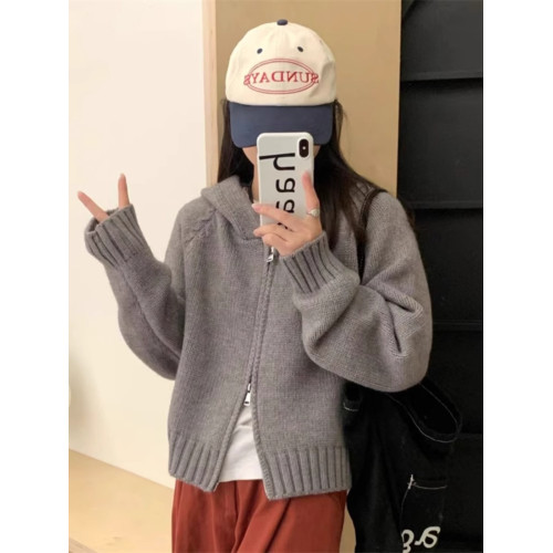 連帽針織開衫女秋冬裝韓系慵懶風寬松加厚毛衣短款衛衣雙拉鍊外套 連帽針織開衫女秋冬裝韓系慵懶風寬松加厚毛衣短款衛衣雙拉鍊外套