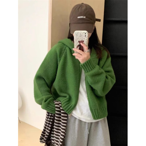 連帽針織開衫女秋冬裝韓系慵懶風寬松加厚毛衣短款衛衣雙拉鍊外套 連帽針織開衫女秋冬裝韓系慵懶風寬松加厚毛衣短款衛衣雙拉鍊外套