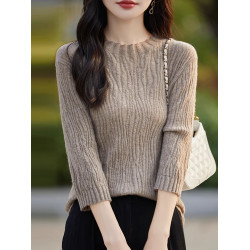 法式肌理暗紋提花五分袖上衣女半高領時髦洋氣打底針織衫中袖毛衣