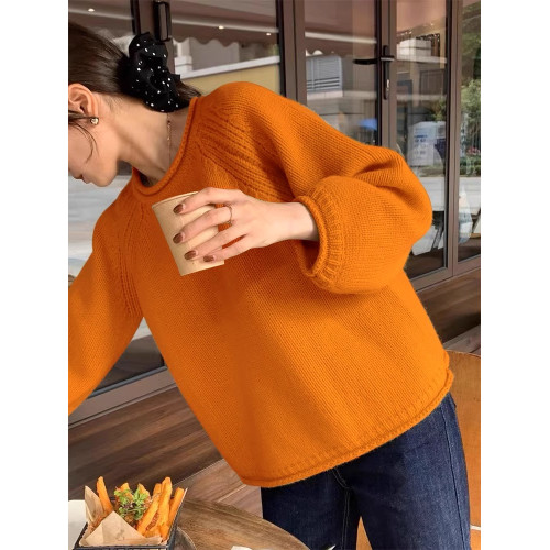 韓系南瓜橘色設計感小衆毛衣女2025秋冬慵懶風松弛感套頭針織上衣