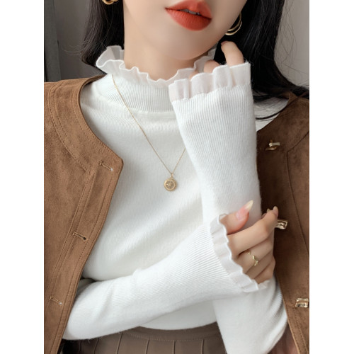 半高領內搭打底衫女春秋冬長袖設計感小衆針織上衣蕾絲邊白色毛衣 半高領內搭打底衫女春秋冬長袖設計感小衆針織上衣蕾絲邊白色毛衣