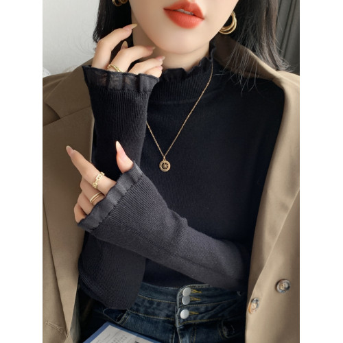 半高領內搭打底衫女春秋冬長袖設計感小衆針織上衣蕾絲邊白色毛衣 半高領內搭打底衫女春秋冬長袖設計感小衆針織上衣蕾絲邊白色毛衣