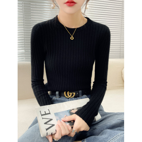 秋冬新款圓領配大衣針織衫女修身套頭打底衫長袖上衣內搭顯瘦毛衣