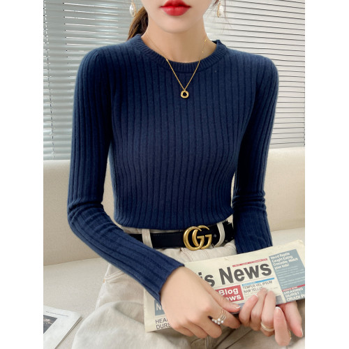 秋冬新款圓領配大衣針織衫女修身套頭打底衫長袖上衣內搭顯瘦毛衣